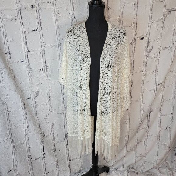 Womens Ivory Lace Fringe‎ Hem Kimono Scarf O/S - Picture 1 of 9